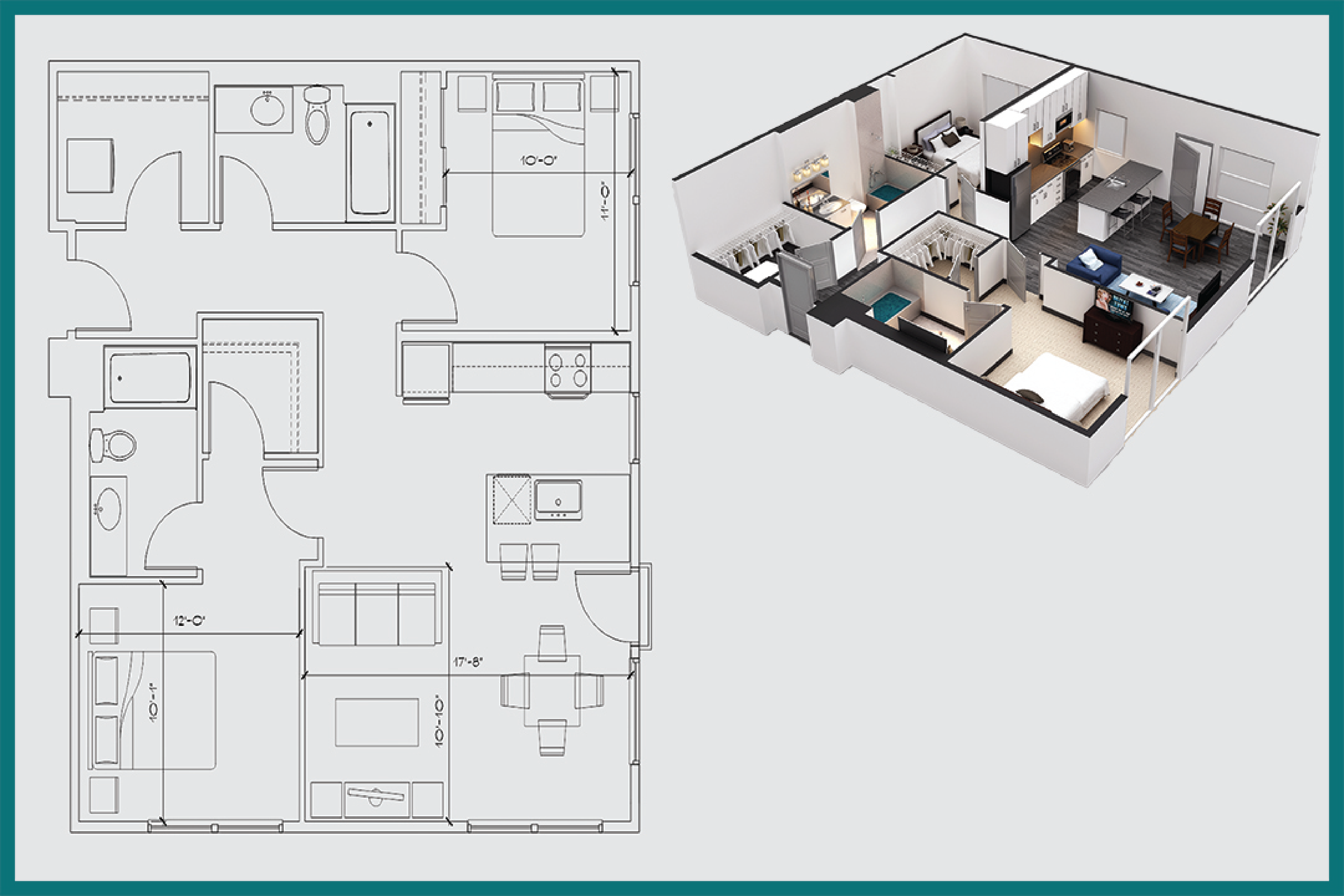 Floor plan for 2 beds, 2 baths, 1006 sqft